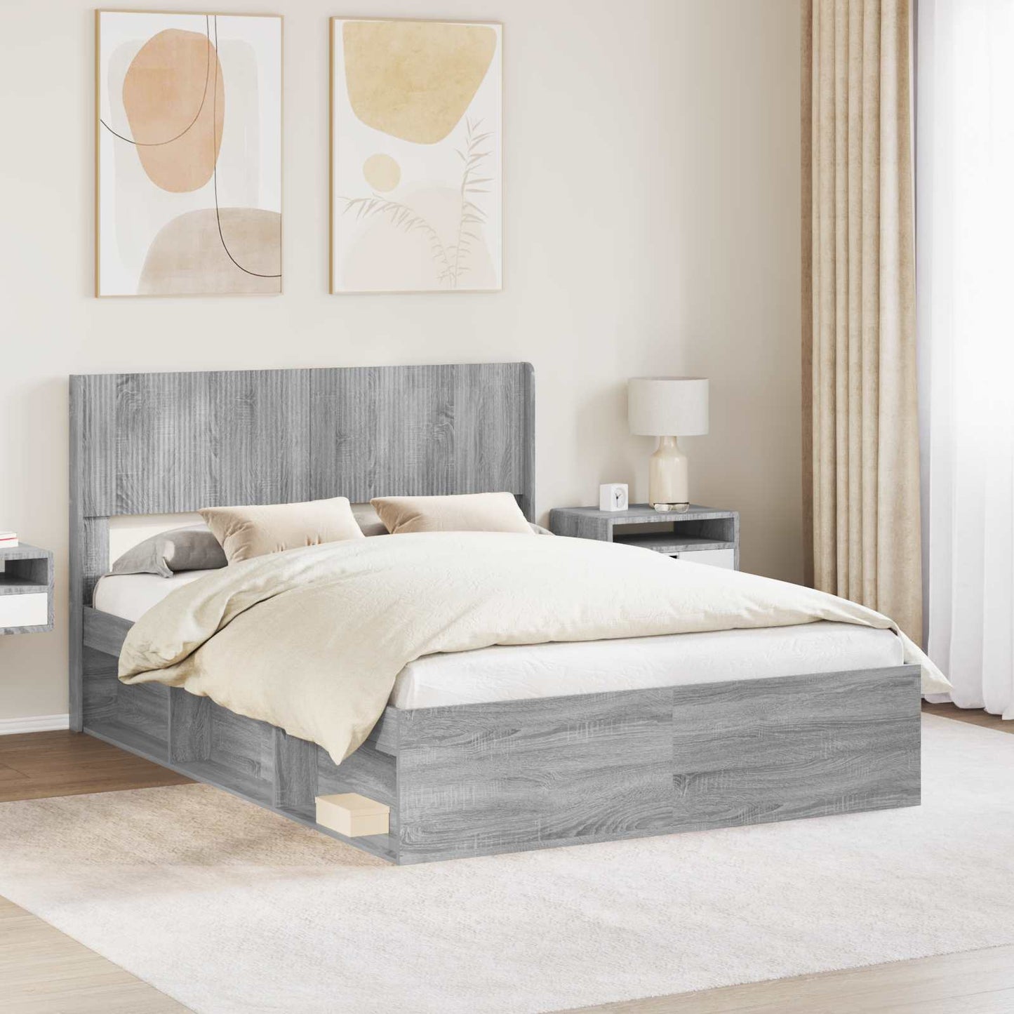 Bed Frame with Storage and Headboard Grey Sonoma 135 x 190 cm