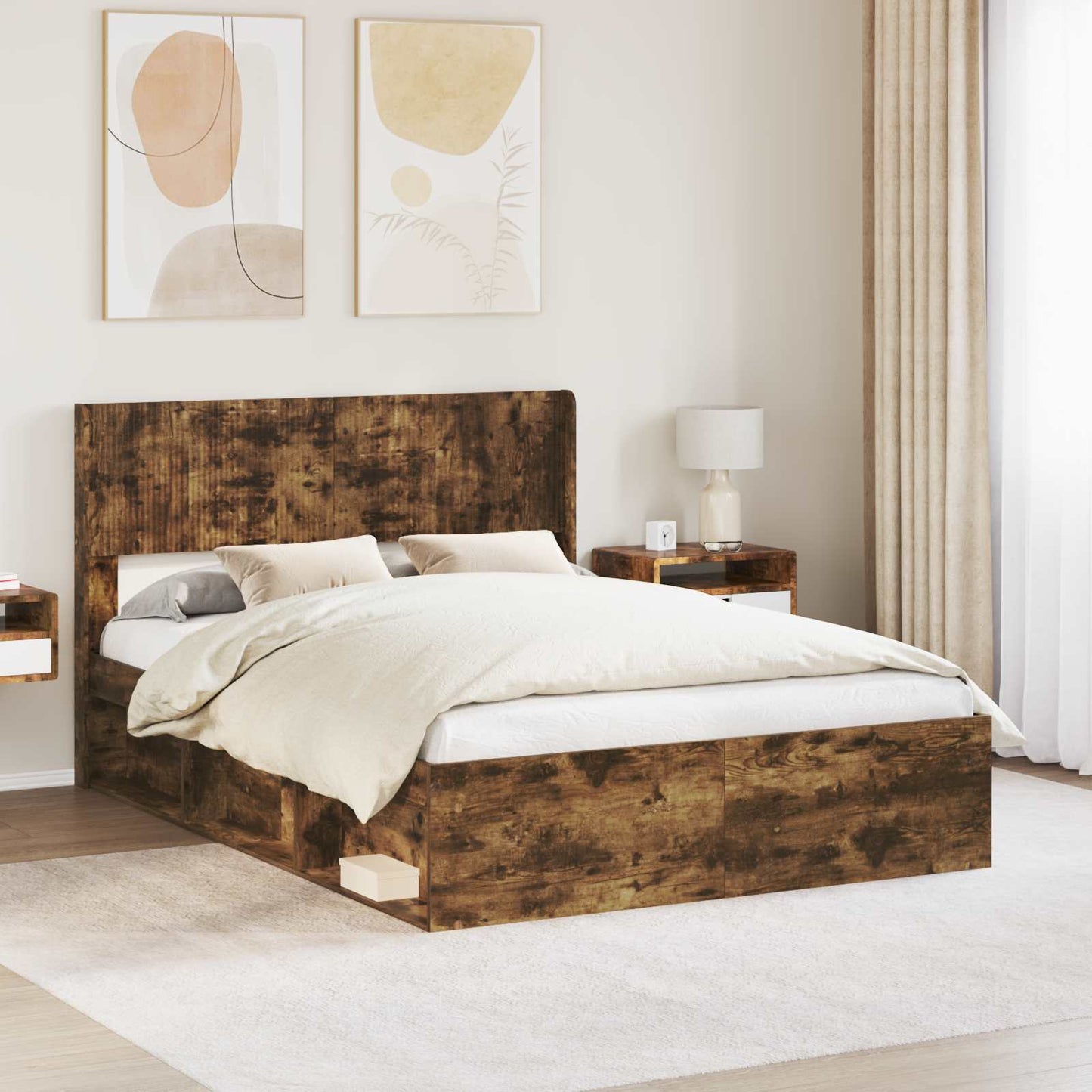 Bed Frame with Storage and Headboard Smoked Oak 120 x 190 cm