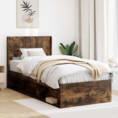 Bed Frame with Storage and Headboard Smoked Oak 100 x 200 cm