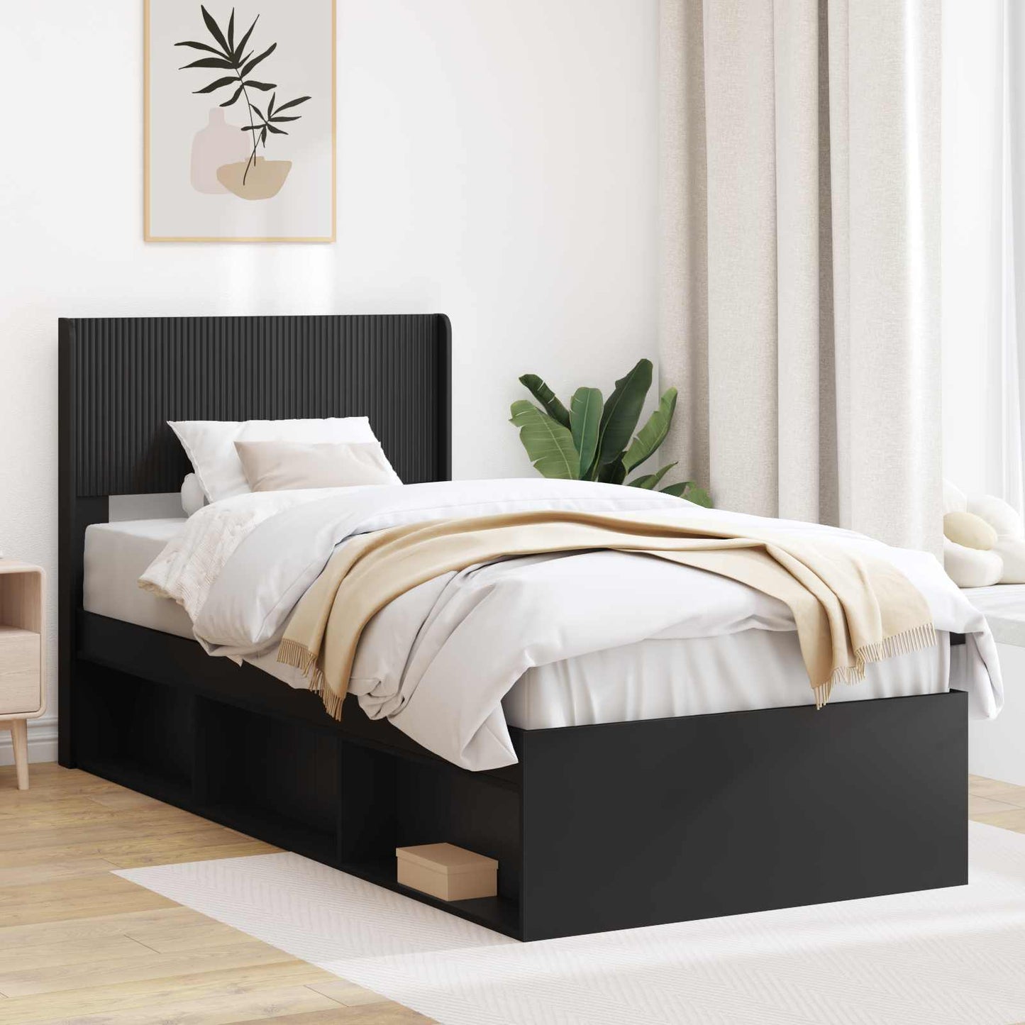 Bed Frame with Storage and Headboard Black 90 x 200 cm