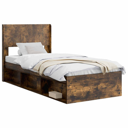 Bed Frame with Storage and Headboard Smoked Oak 90 x 200 cm