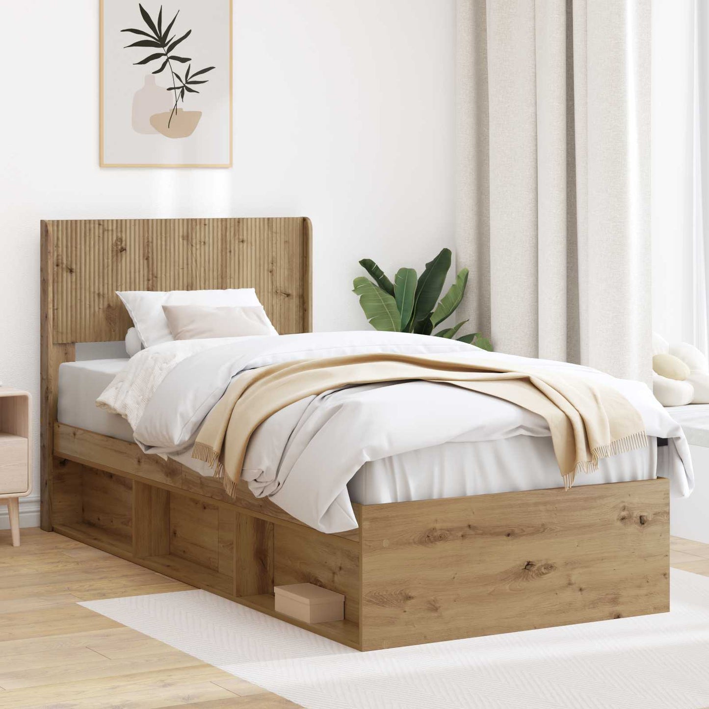Bed Frame with Storage and Headboard Artisan Oak 90 x 200 cm