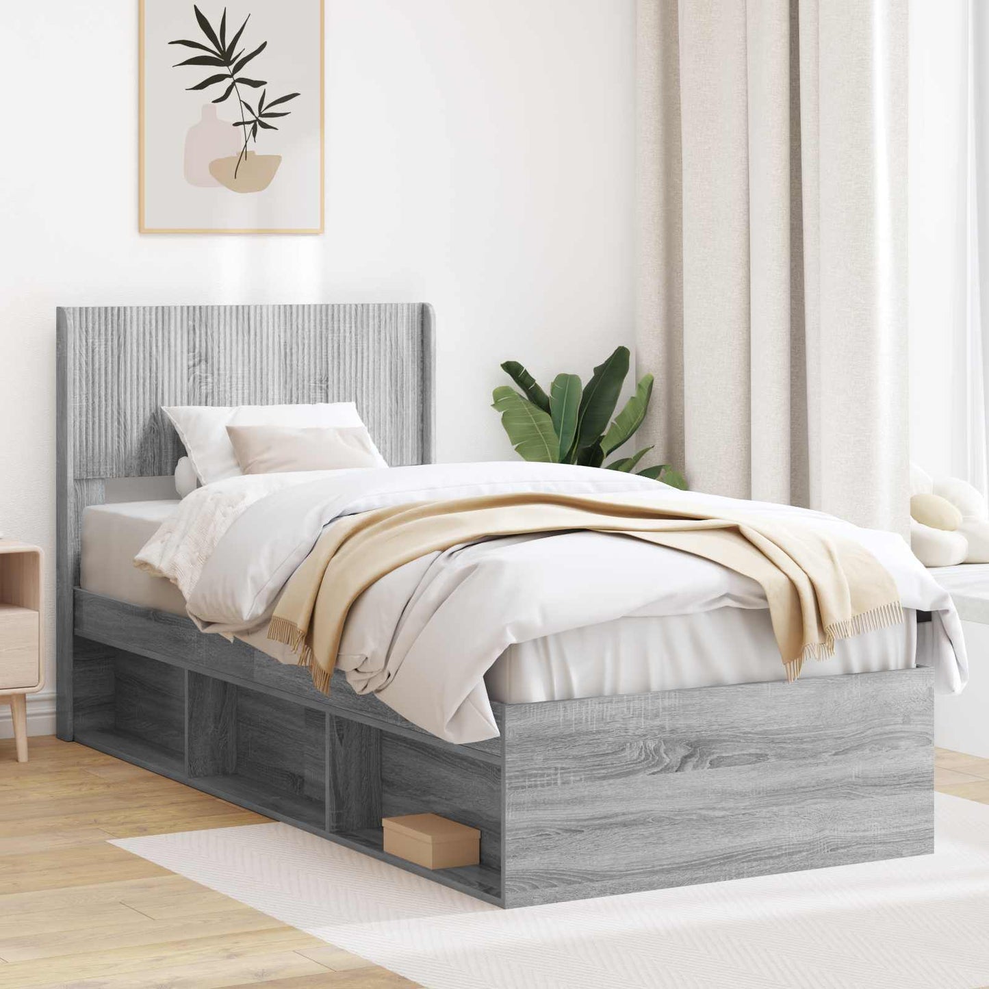Bed Frame with Storage and Headboard Grey Sonoma 90 x 190 cm