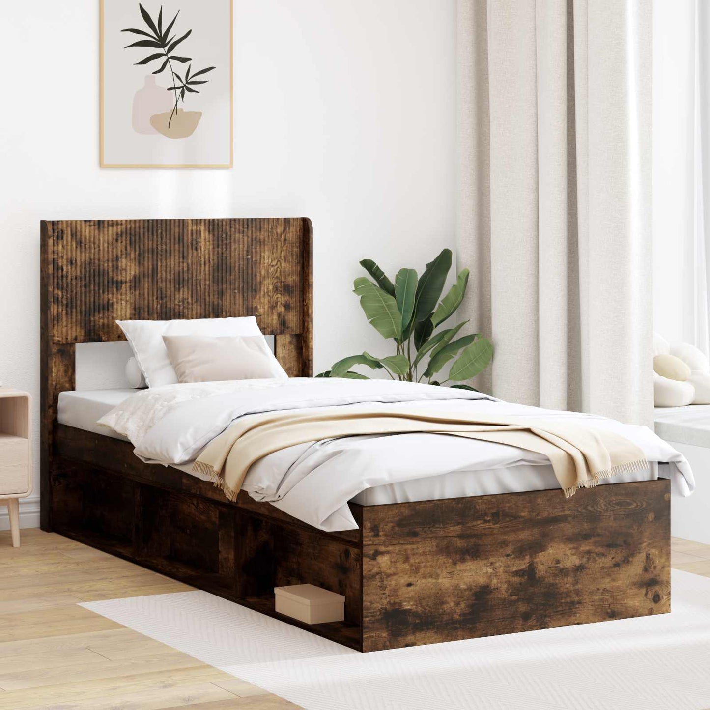 Bed Frame with Storage and Headboard Smoked Oak 75 x 190 cm