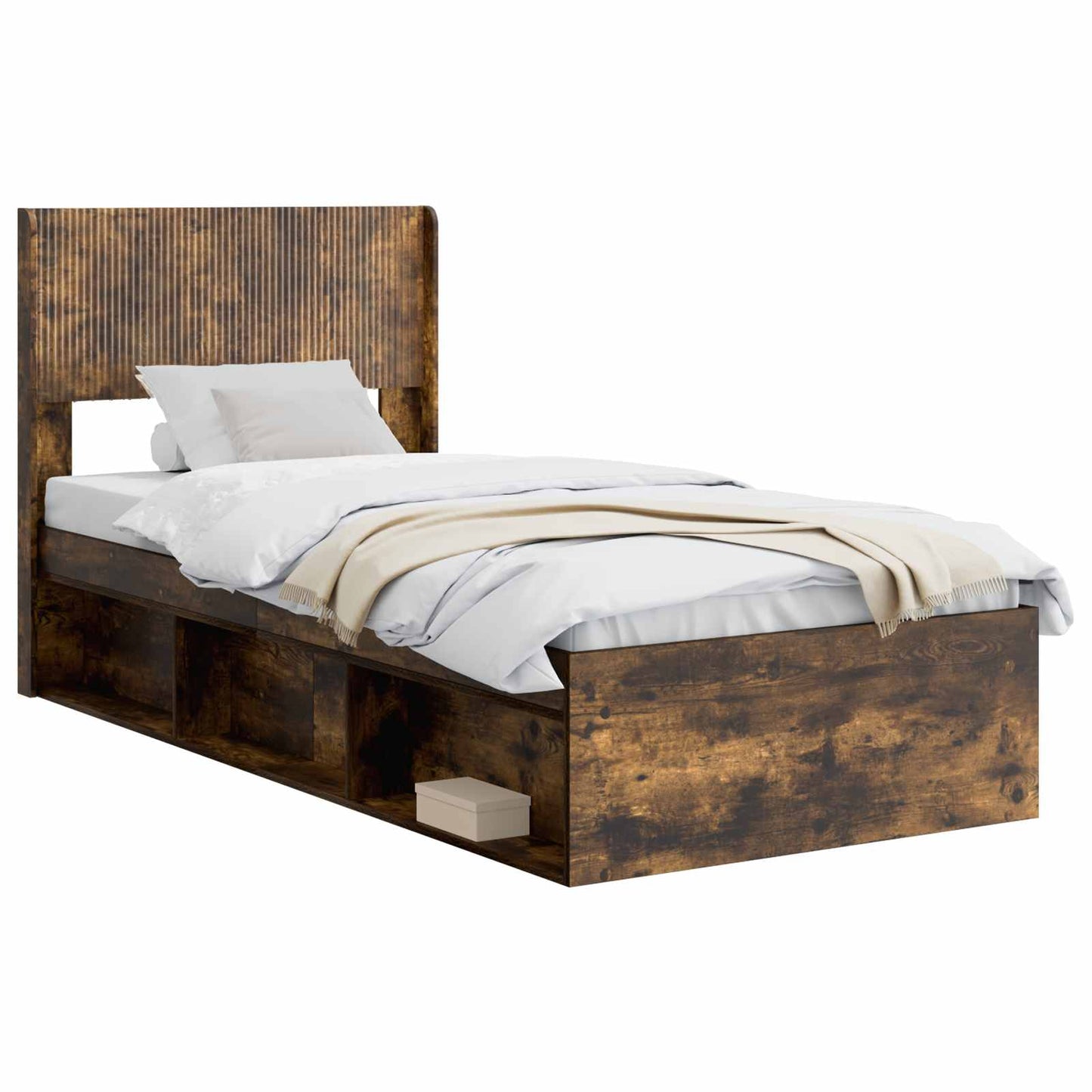 Bed Frame with Storage and Headboard Smoked Oak 75 x 190 cm