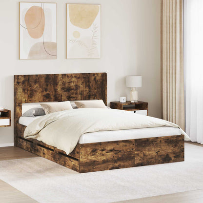 Bed Frame with Storage and Headboard Smoked Oak 140 x 190 cm