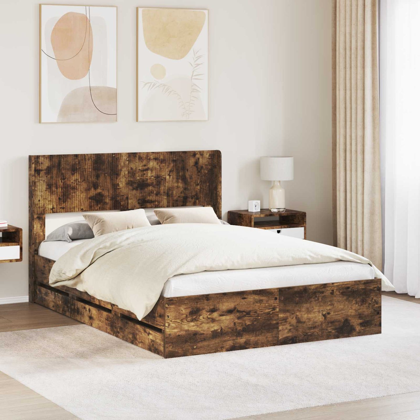 Bed Frame with Storage and Headboard Smoked Oak 120 x 200 cm