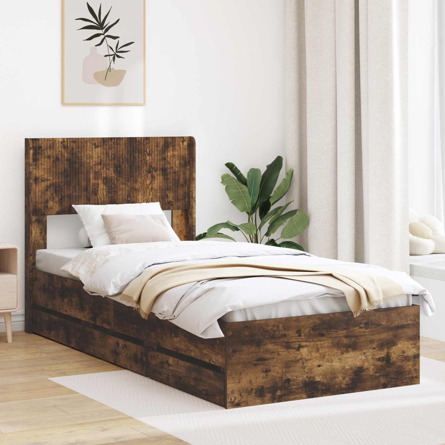 Bed Frame with Storage and Headboard Smoked Oak 75 x 190 cm