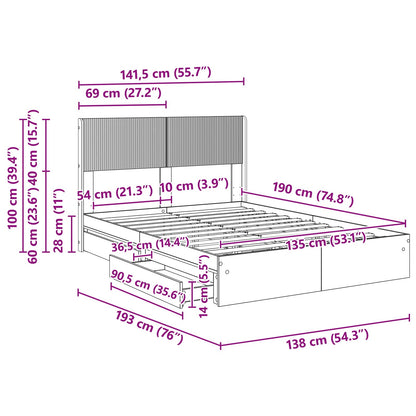 Bed Frame with Storage and Headboard Smoked Oak 135 x 190 cm