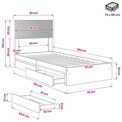 Bed Frame with Storage and Headboard Smoked Oak 75 x 190 cm