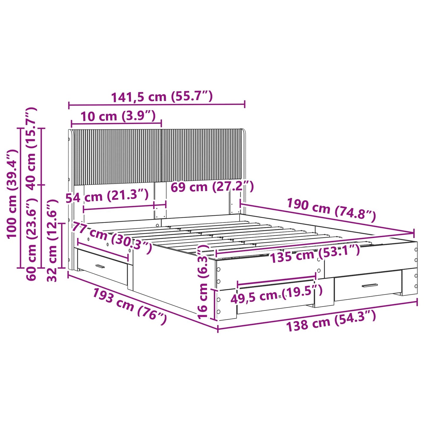 Bed Frame with Storage and Headboard Black 135 x 190 cm