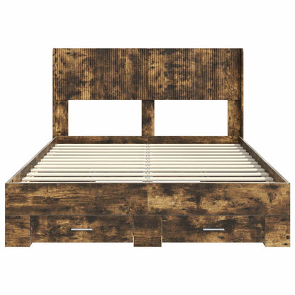 Bed Frame with Storage and Headboard Smoked Oak 135 x 190 cm