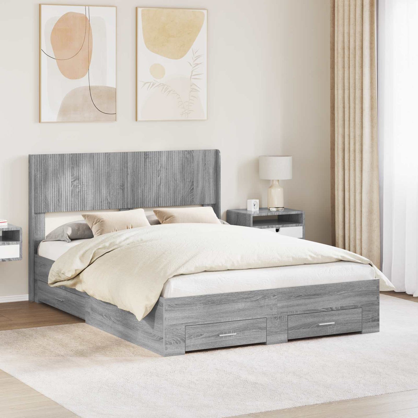 Bed Frame with Storage and Headboard Grey Sonoma