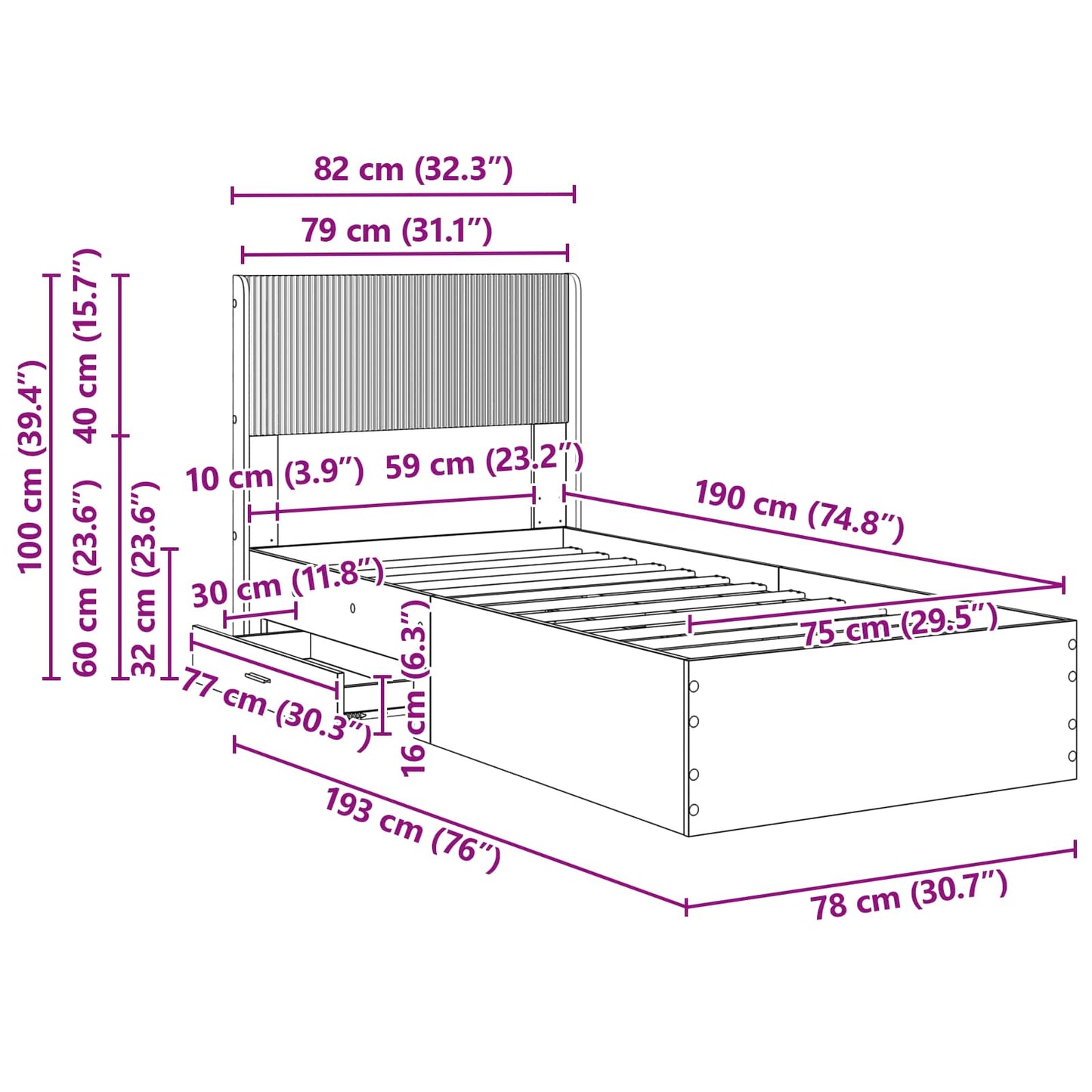 Bed Frame with Storage and Headboard Grey Sonoma 75 x 190 cm