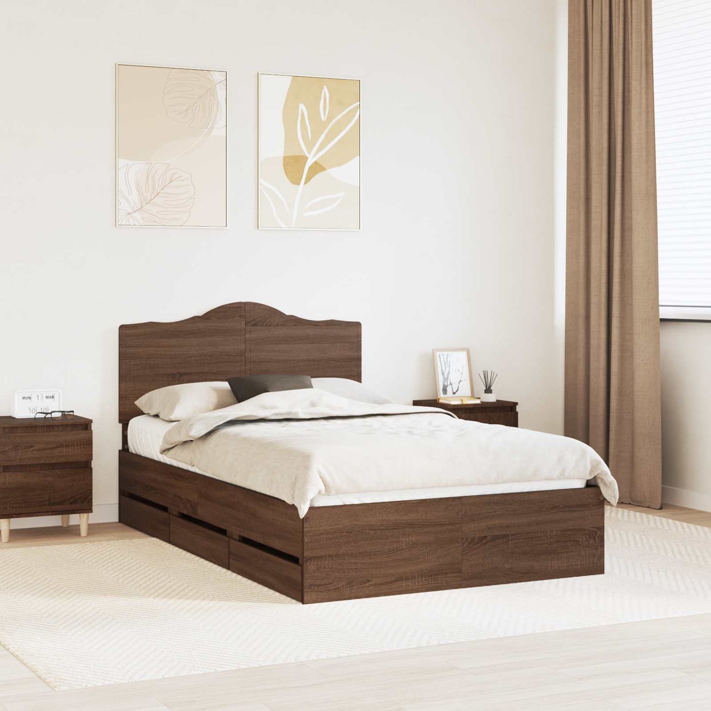 Bed Frame with Drawer Brown Oak 135 x 190 cm Engineer Wood