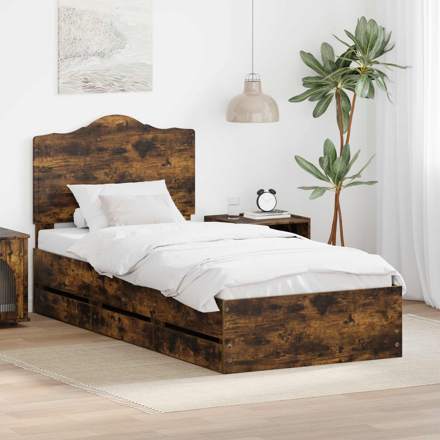 Bed Frame with Drawer Smoked Oak 90 x 200 cm Engineer Wood