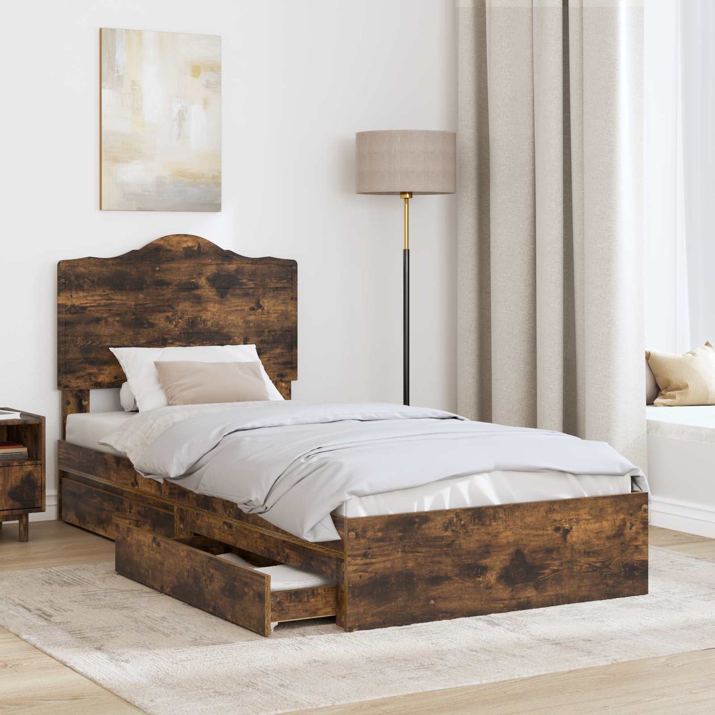 Storage Bed with Drawer Smoked Oak 90 x 190 cm Engineered Wood