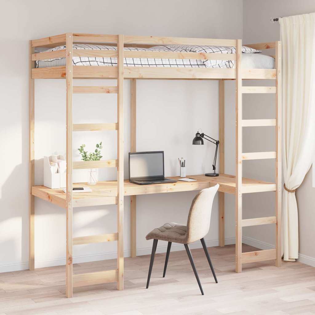 Loft Bed Frame Natural 90 x 200 cm Solid Pine Wood