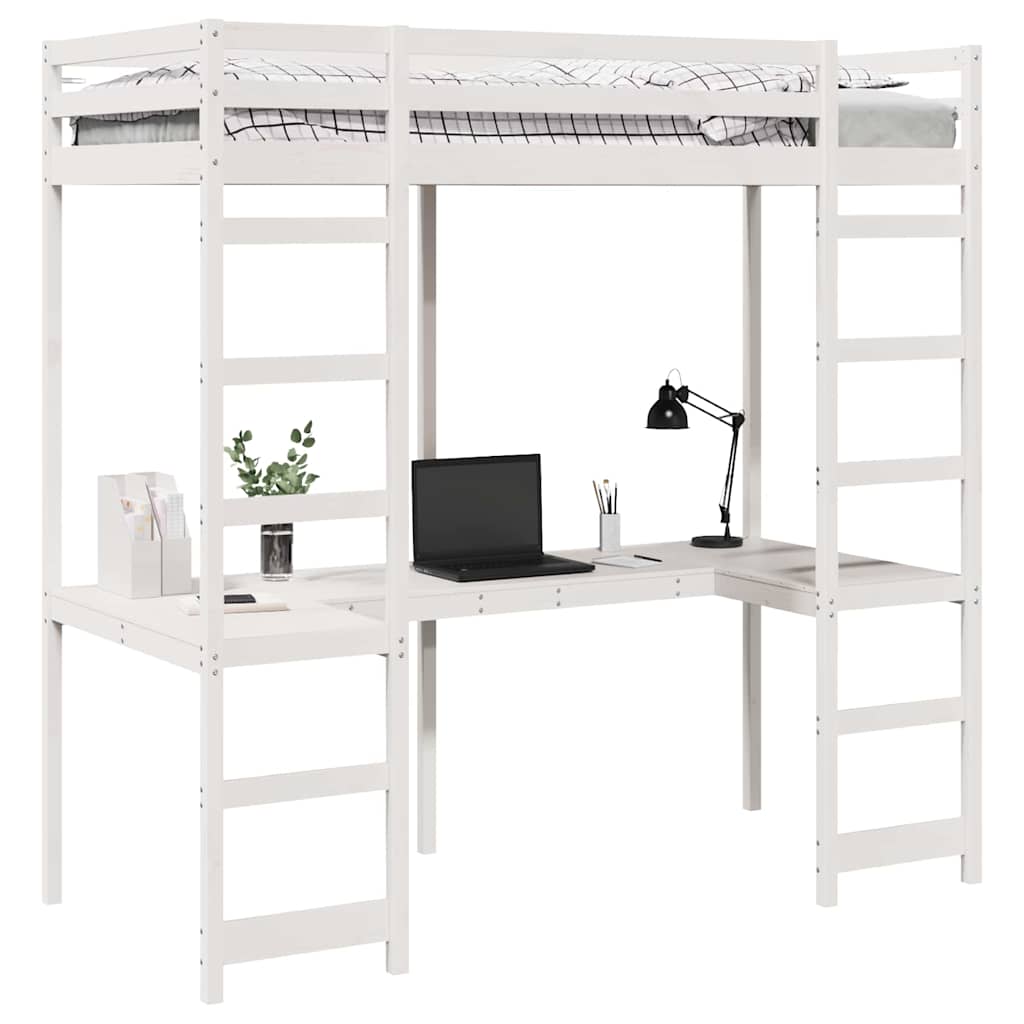 Loft Bed Frame White 90 x 200 cm Solid Pine Wood