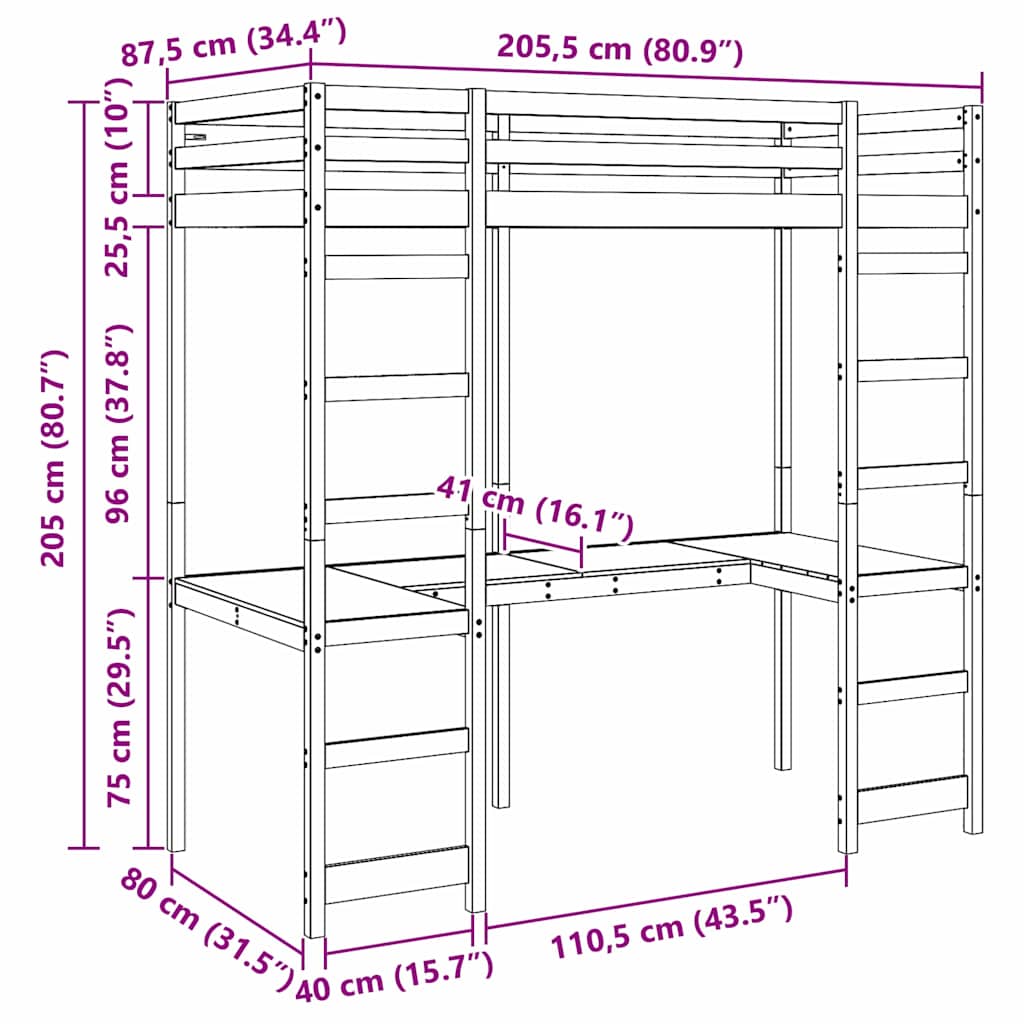 Loft Bed Frame Natural 80 x 200 cm Solid Pine Wood