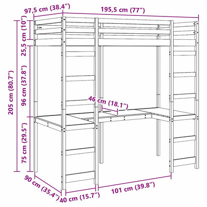 Loft Bed Frame Natural 90 x 190 cm Solid Pine Wood