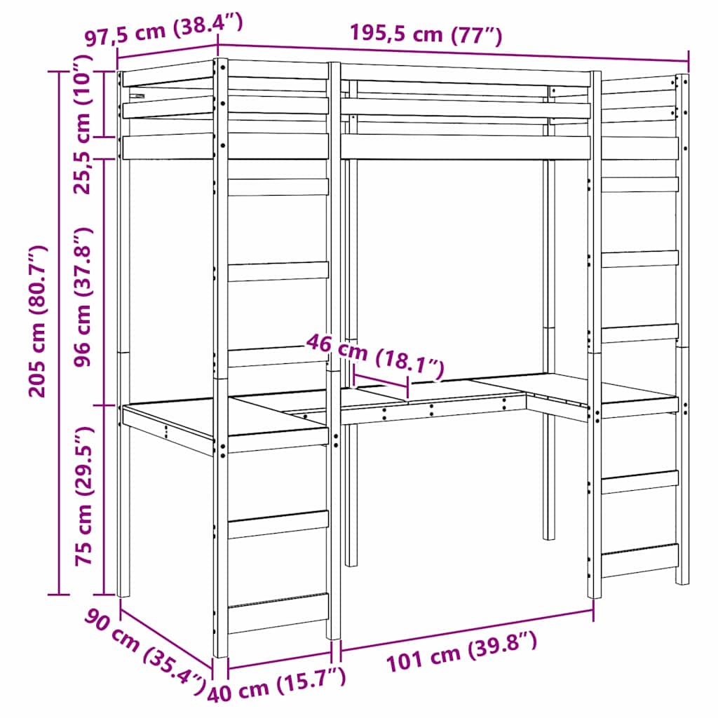 Loft Bed Frame White 90 x 190 cm Solid Pine Wood