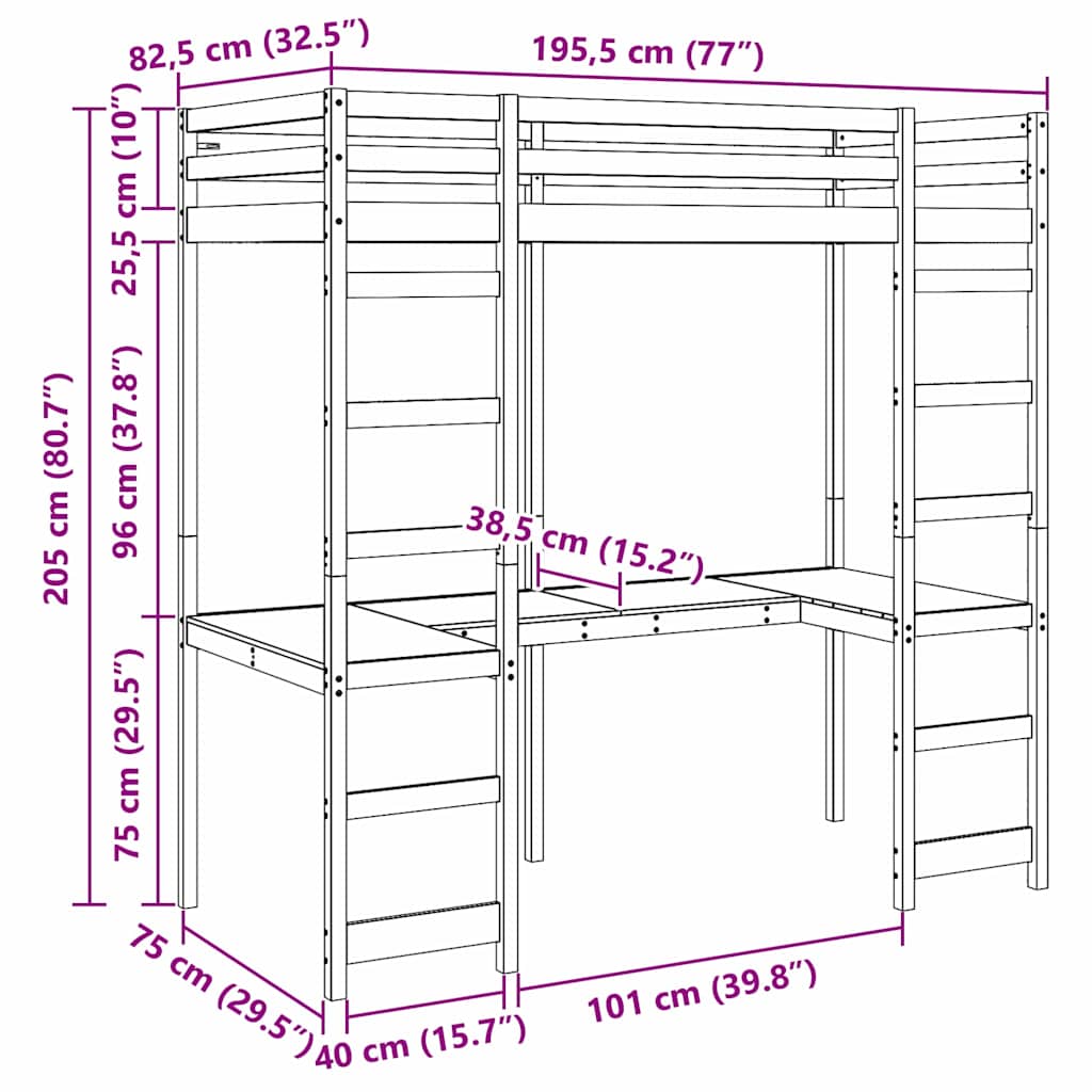 Loft Bed Frame Natural 75 x 190 cm Solid Pine Wood
