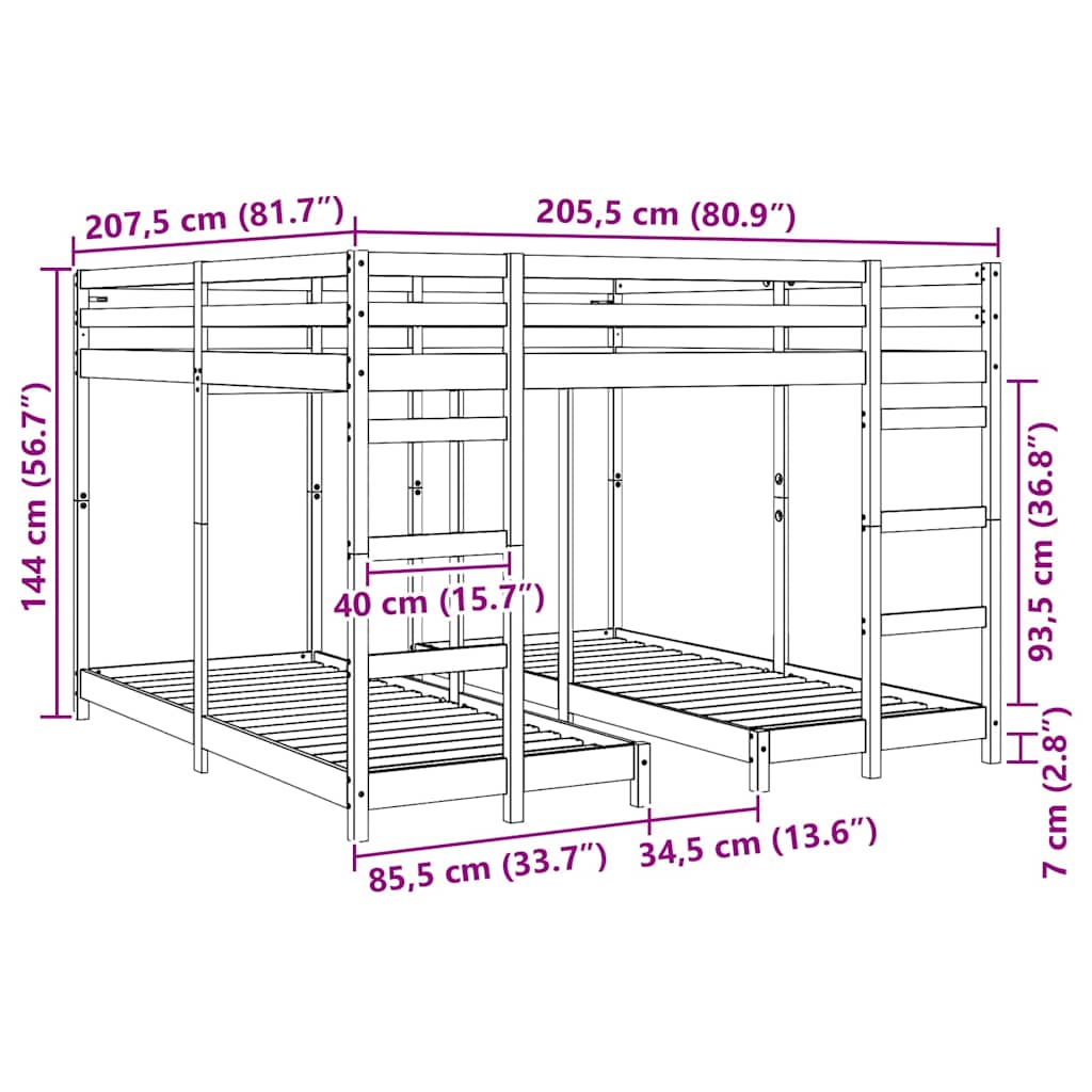 Triple Bunk Bed Frame Natural 80 / 200 x 200 cm Solid Pine Wood