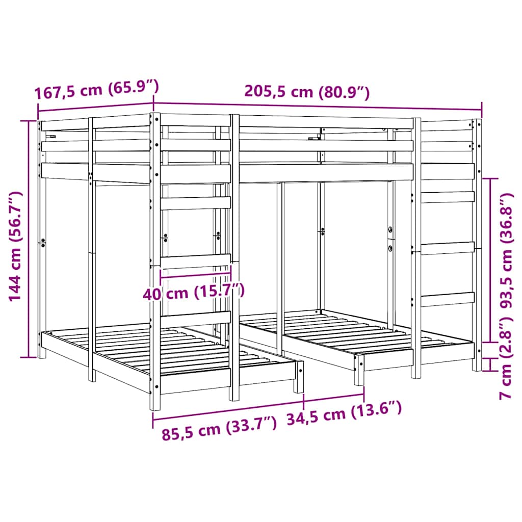 Triple Bunk Bed Frame White 160 x 200 cm Solid Pine Wood