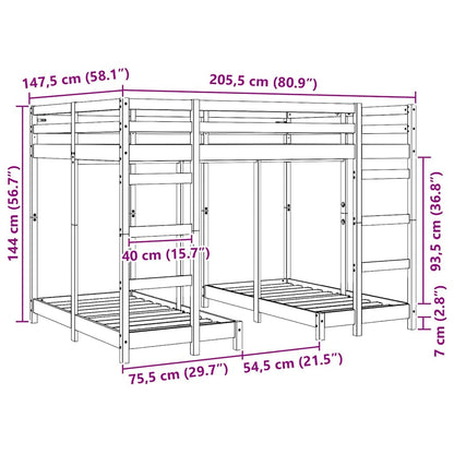 Triple Bunk Bed Frame Brown 140 x 200 cm Solid Pine Wood