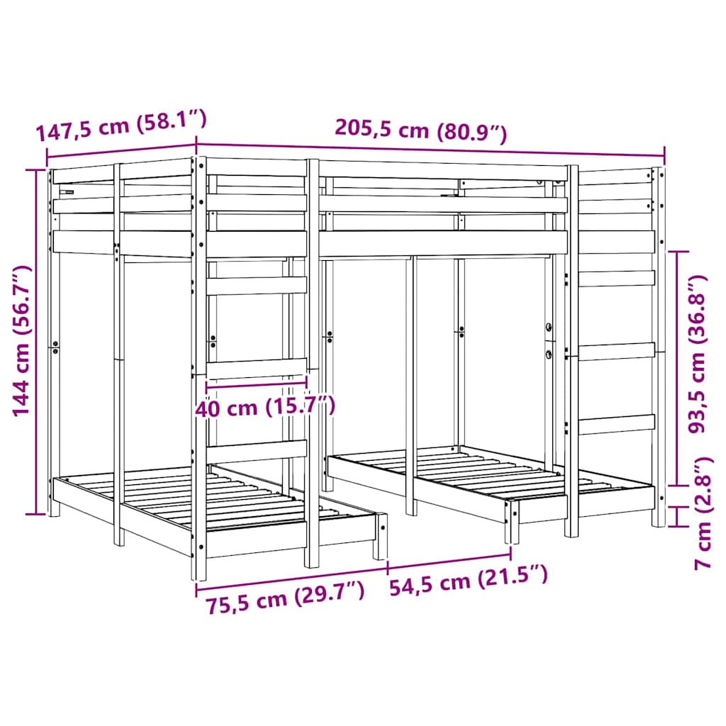 Triple Bunk Bed Frame Wax brown 140 x 200 cm Solid Pine Wood