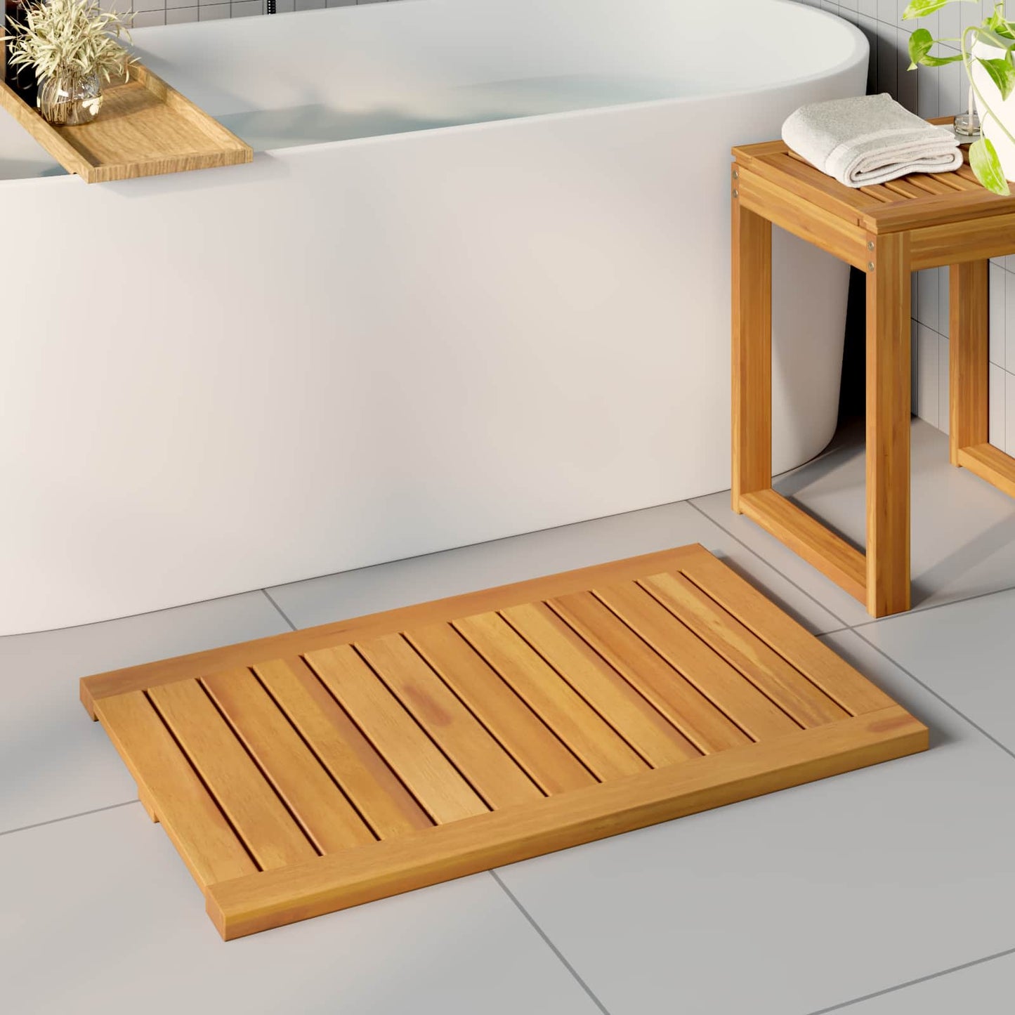 Bath Mat Plain Brown 80 x 50 cm Solid Acacia Wood