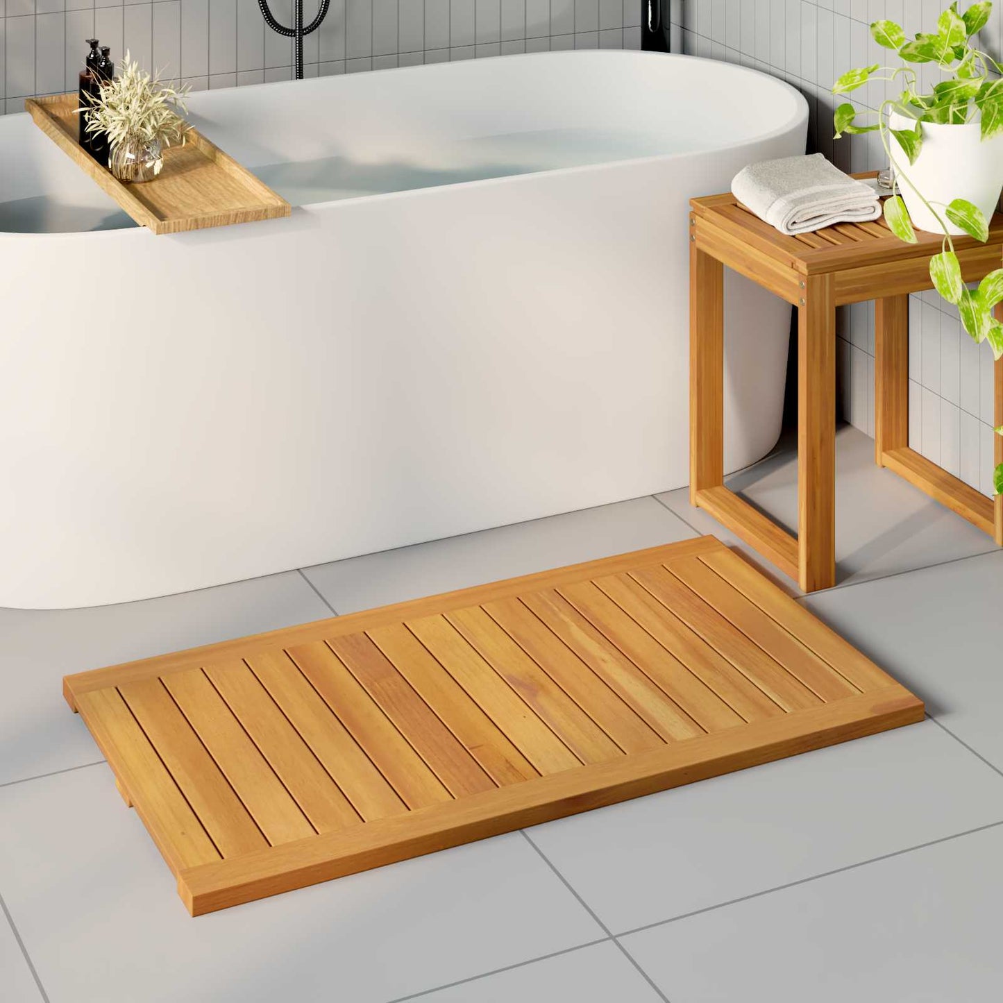 Bath Mat Plain Brown 100 x 55 cm Solid Acacia Wood