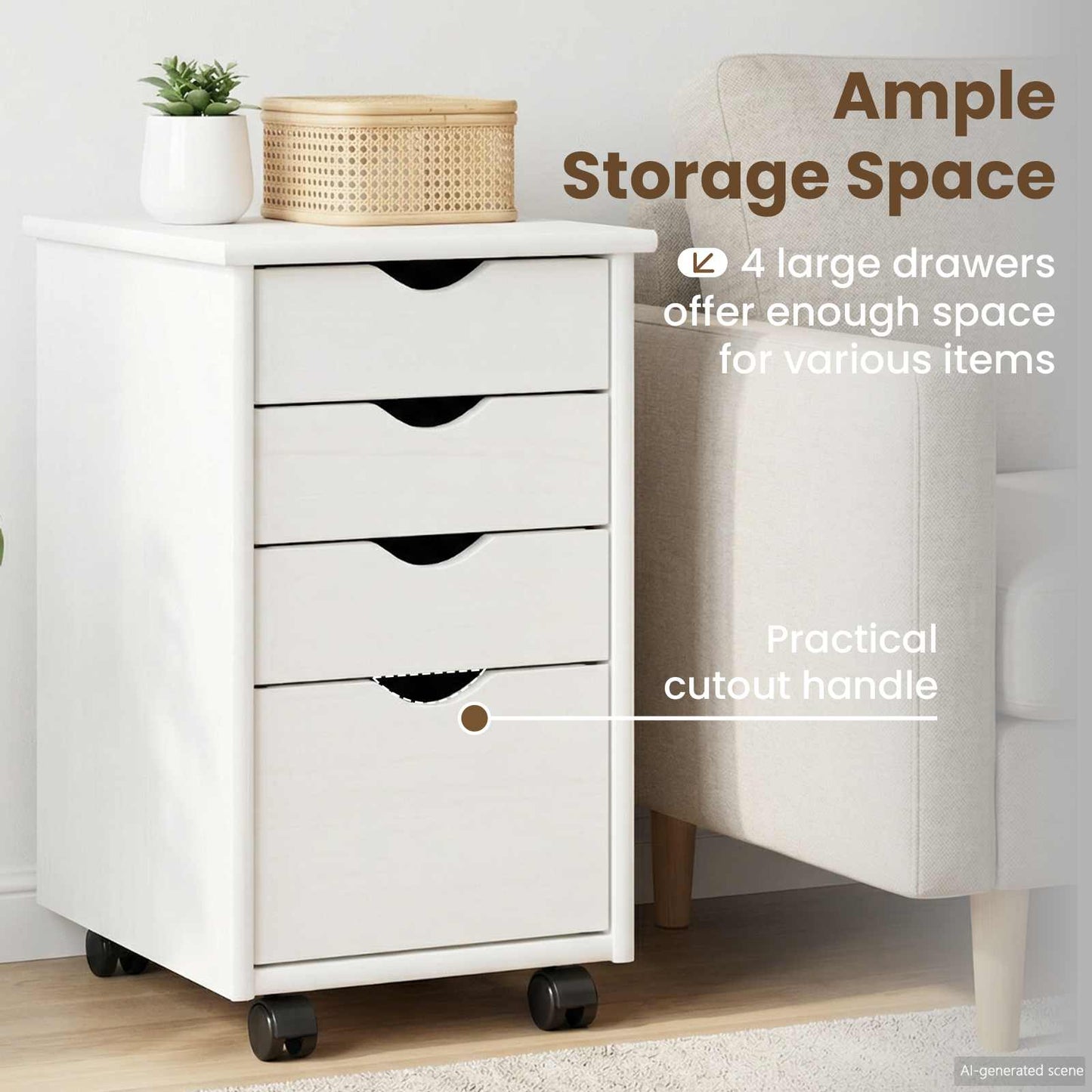 Rolling Cabinet White 34 x 39 x 56 cm Solid Pine Wood