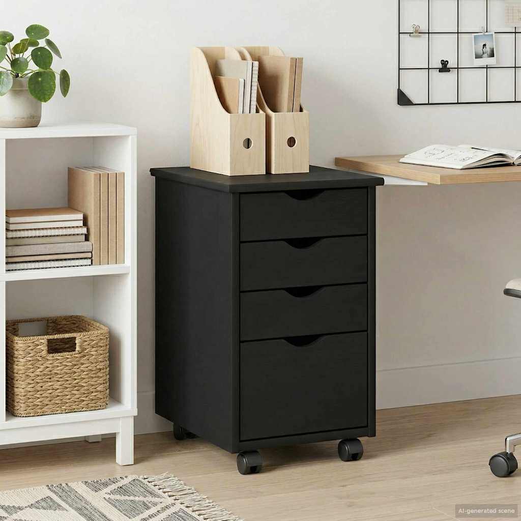 Rolling Cabinet Black 34 x 39 x 56 cm Solid Pine Wood