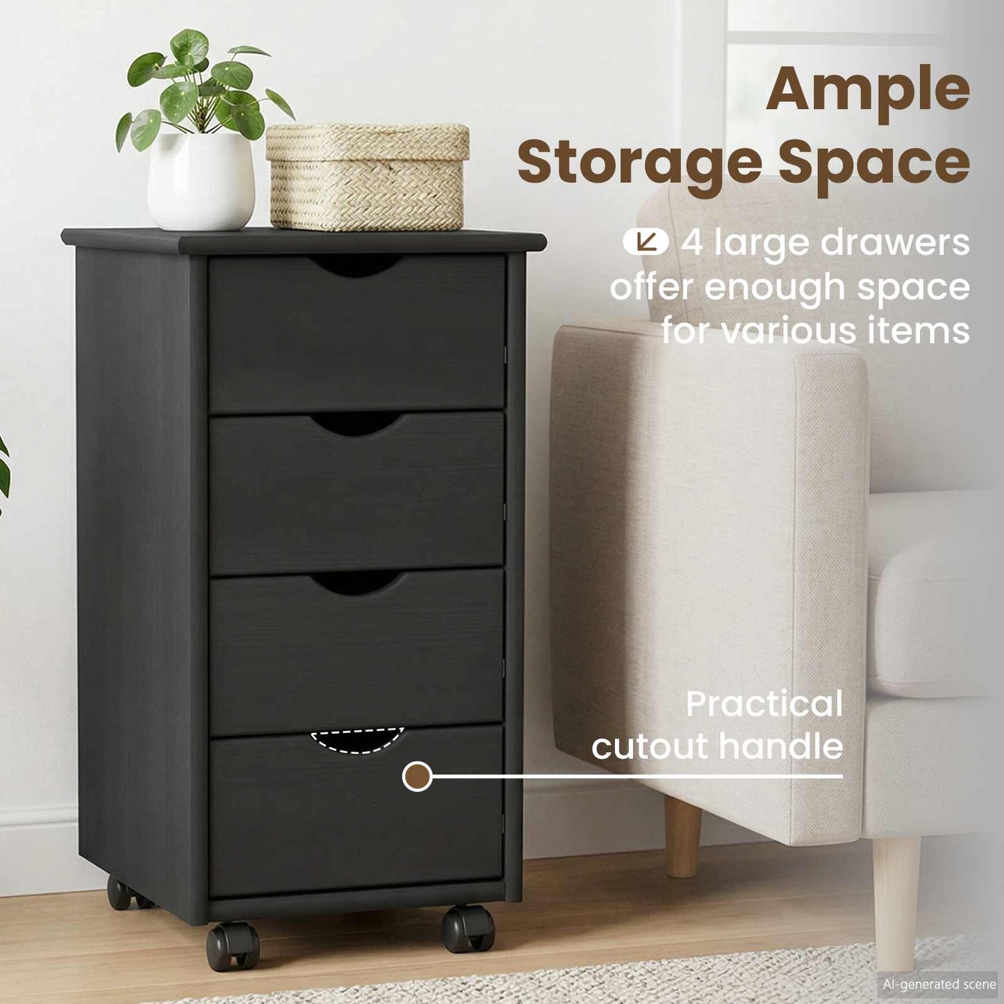 Rolling Cabinet Grey 34 x 39 x 65.5 cm Solid Pine Wood