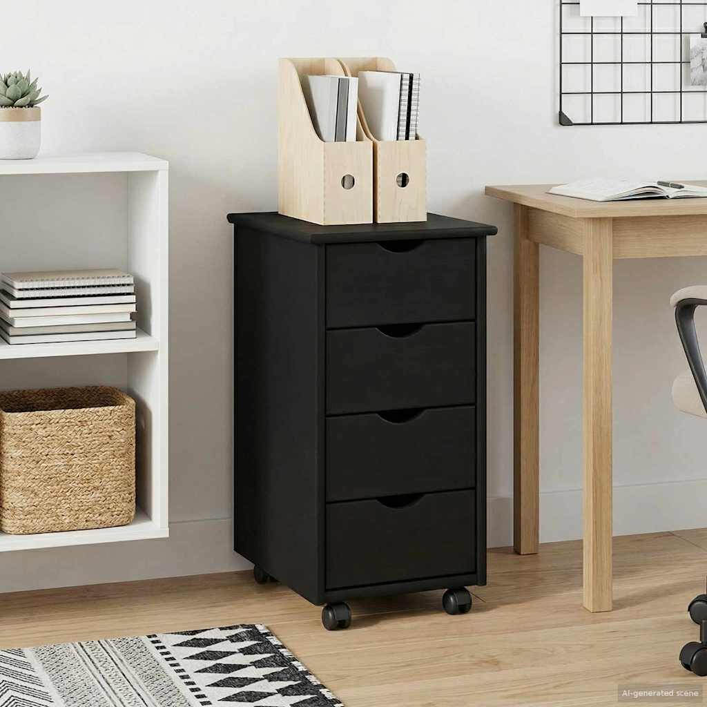 Rolling Cabinet 34 x 39 x 65.5 cm Solid Pine Wood Black