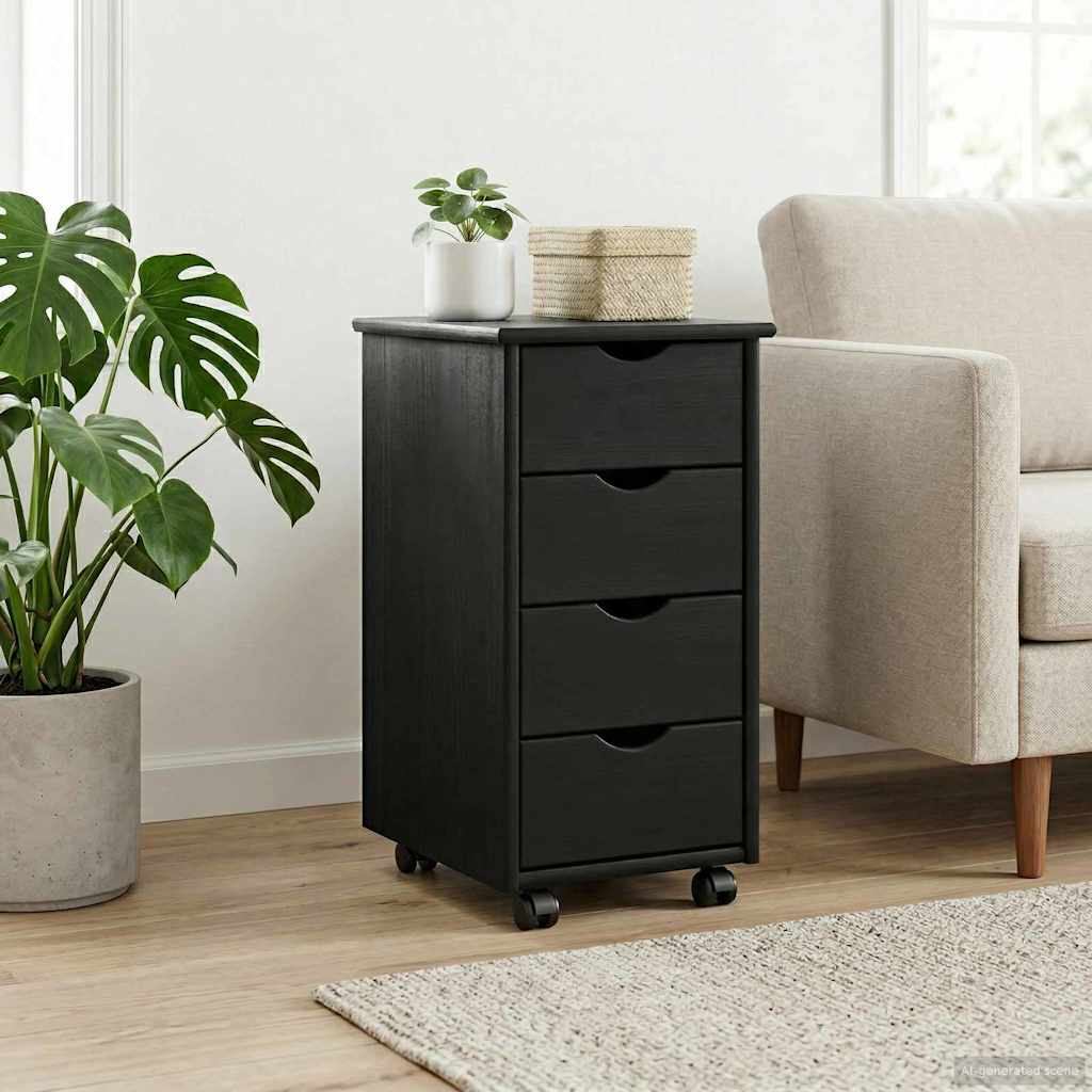 Rolling Cabinet 34 x 39 x 65.5 cm Solid Pine Wood Black