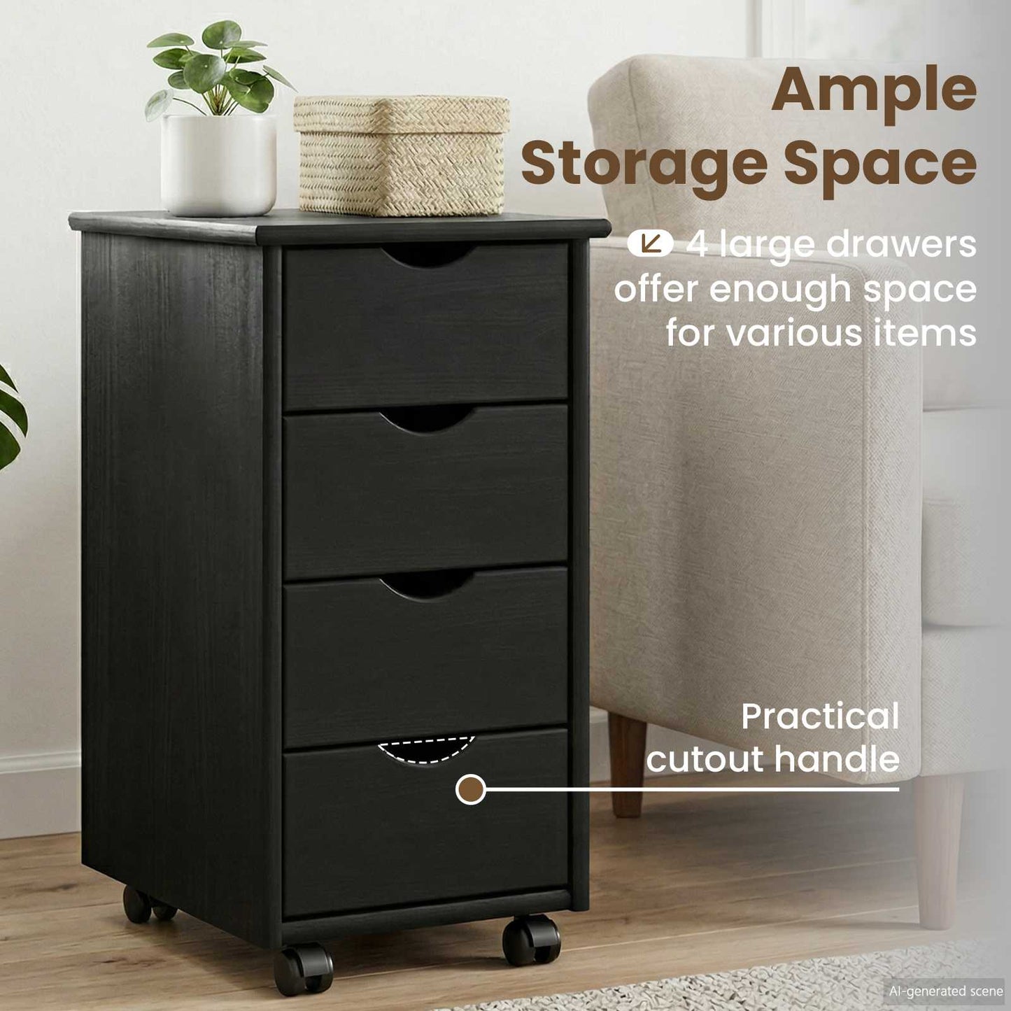 Rolling Cabinet Black 34 x 39 x 65.5 cm Solid Pine Wood