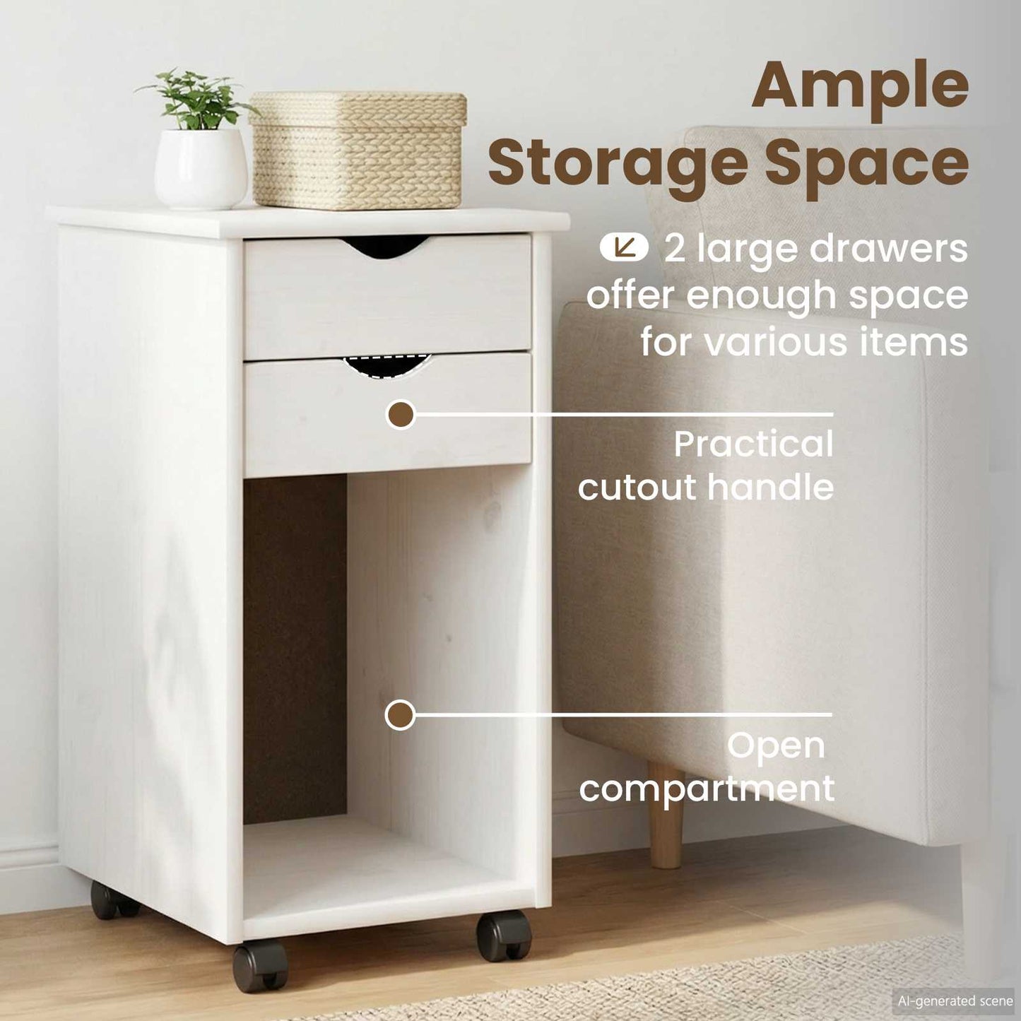Rolling Cabinet White 34 x 39 x 65.5 cm Solid Pine Wood