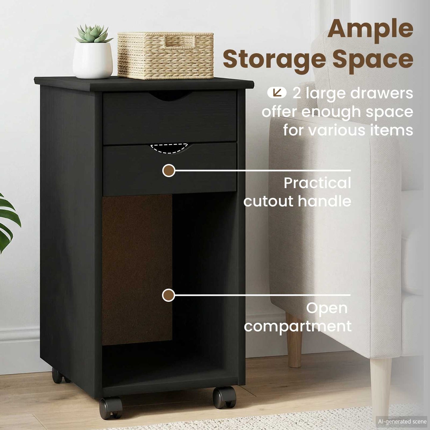 Rolling Cabinet Black 34 x 39 x 65.5 cm Solid Pine Wood