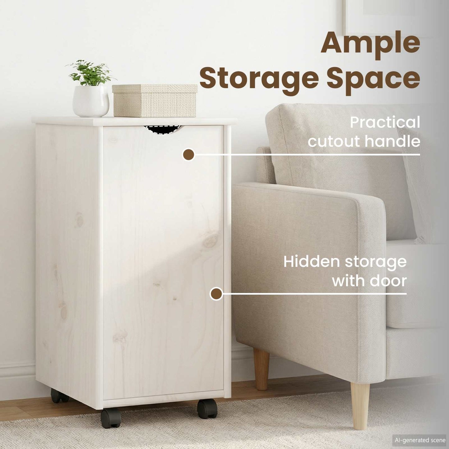 Rolling Cabinet White 34 x 39 x 65.5 cm Solid Pine Wood