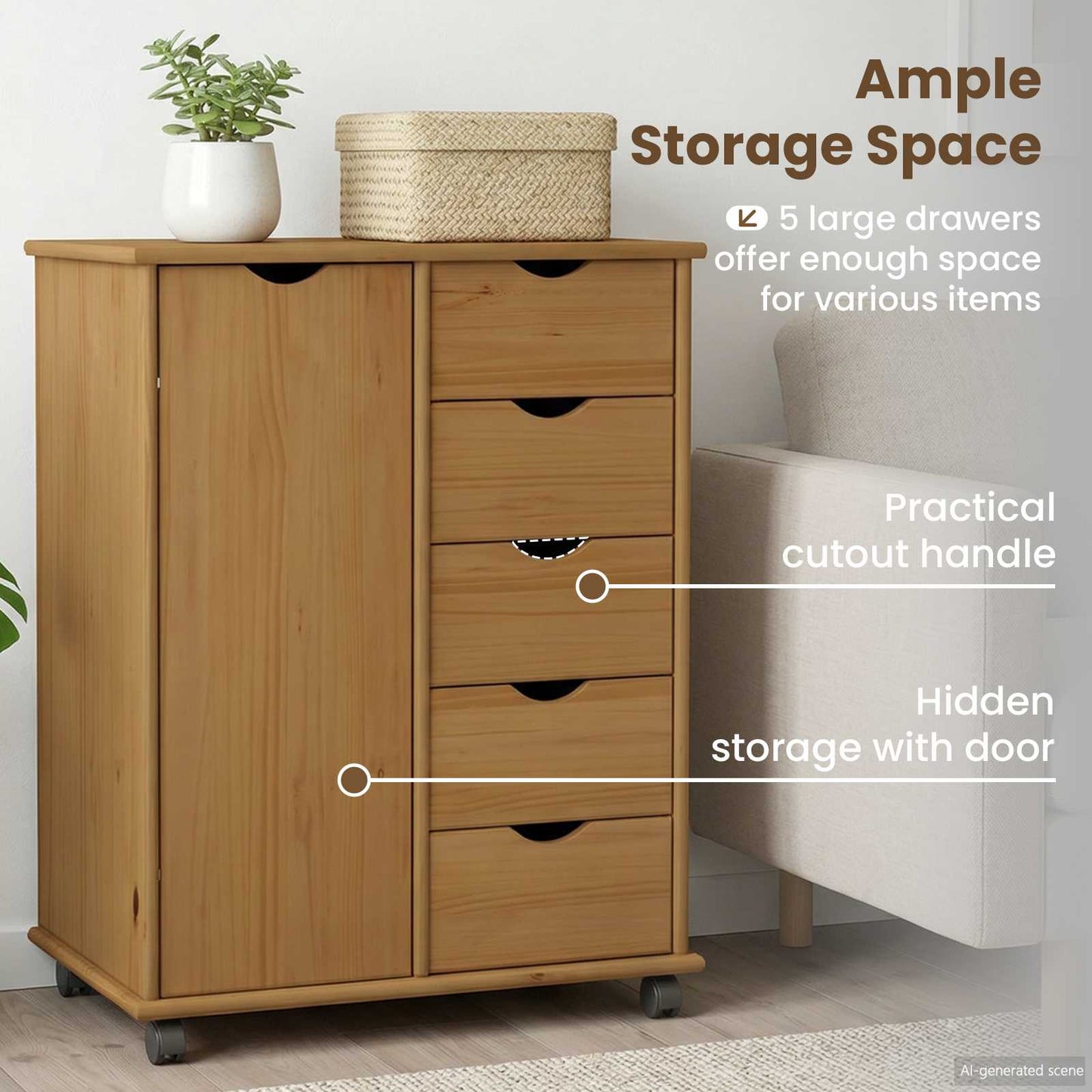 Rolling Cabinet Honey Brown 63.5 x 39 x 79 cm Solid Pine Wood