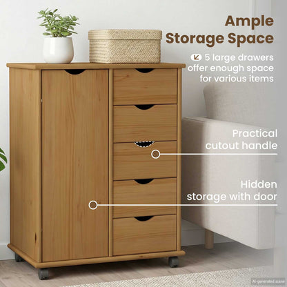Rolling Cabinet Honey Brown 63.5 x 39 x 79 cm Solid Pine Wood
