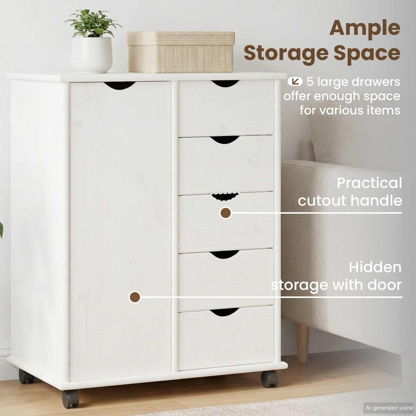 Rolling Cabinet White 63.5 x 39 x 79 cm Solid Pine Wood