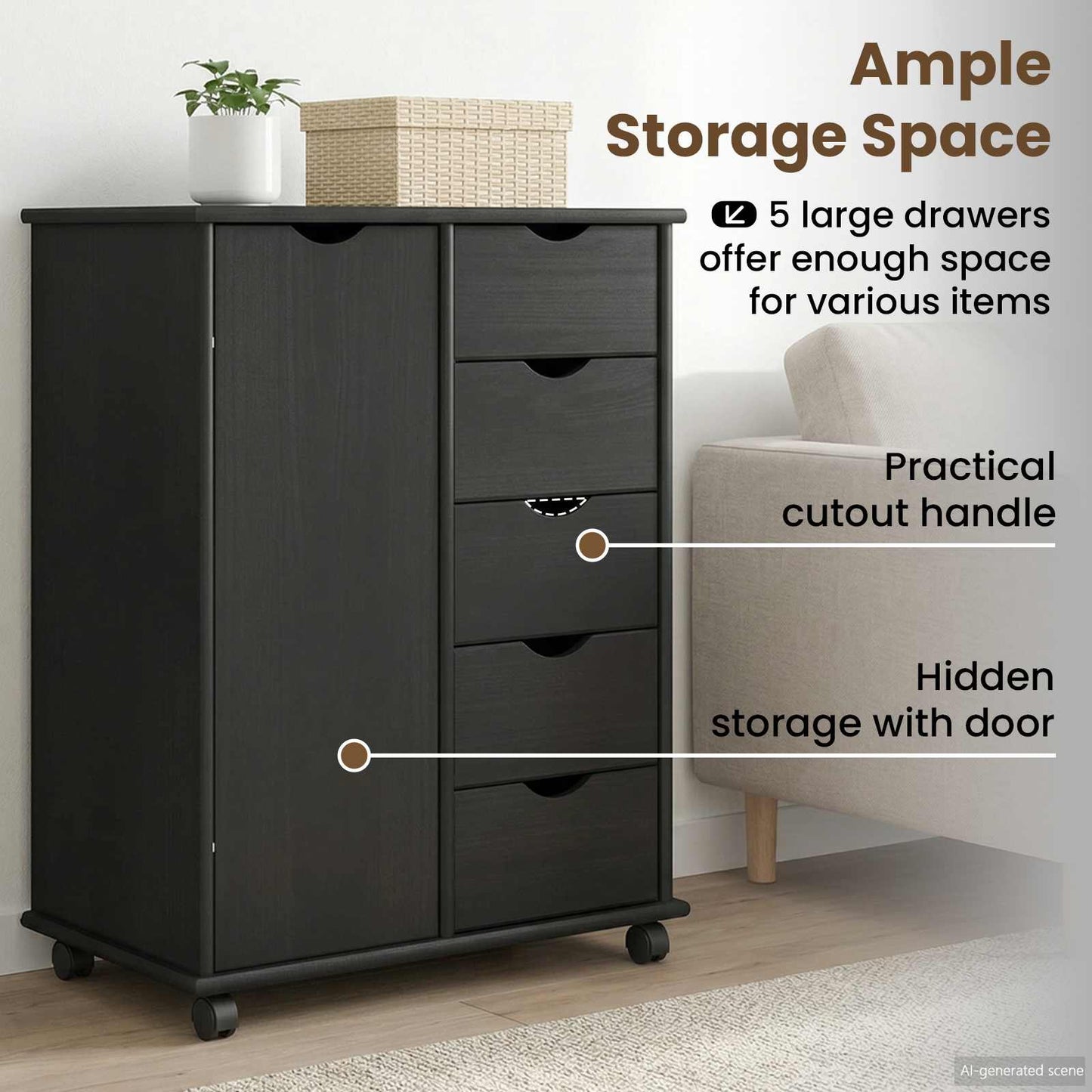 Rolling Cabinet Grey 63.5 x 39 x 79 cm Solid Pine Wood