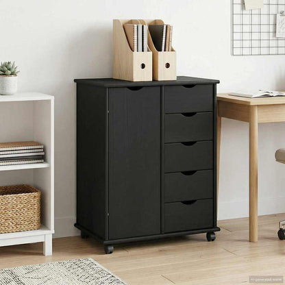 Rolling Cabinet 63.5 x 39 x 79 cm Solid Pine Wood Black