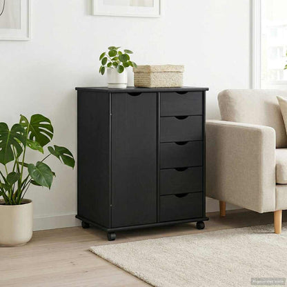 Rolling Cabinet 63.5 x 39 x 79 cm Solid Pine Wood Black
