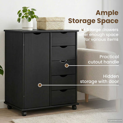 Rolling Cabinet Black 63.5 x 39 x 79 cm Solid Pine Wood