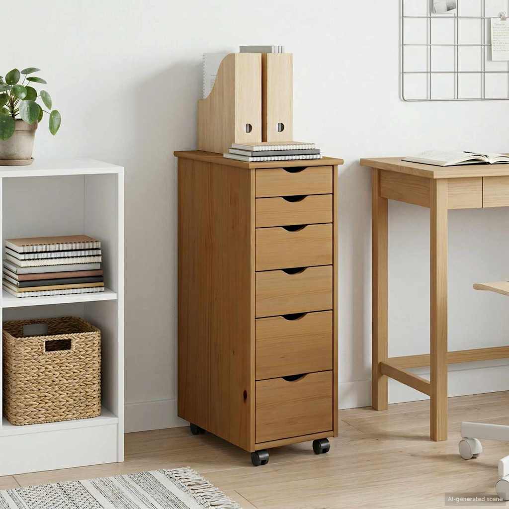 Rolling Cabinet 34 x 39 x 93.5 cm Solid Pine Wood Honey Brown